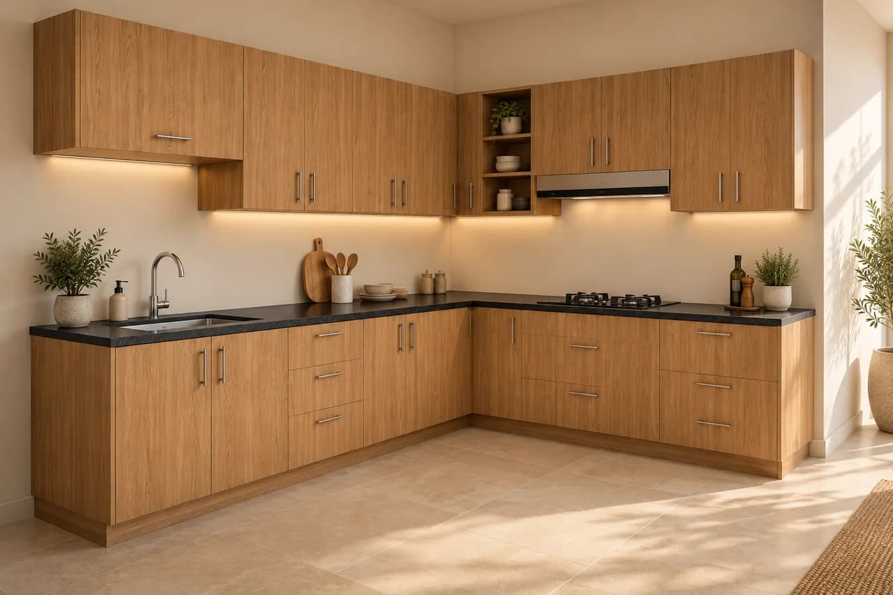 Modelo de cozinha em L disponível na tela inicial do aplicativo